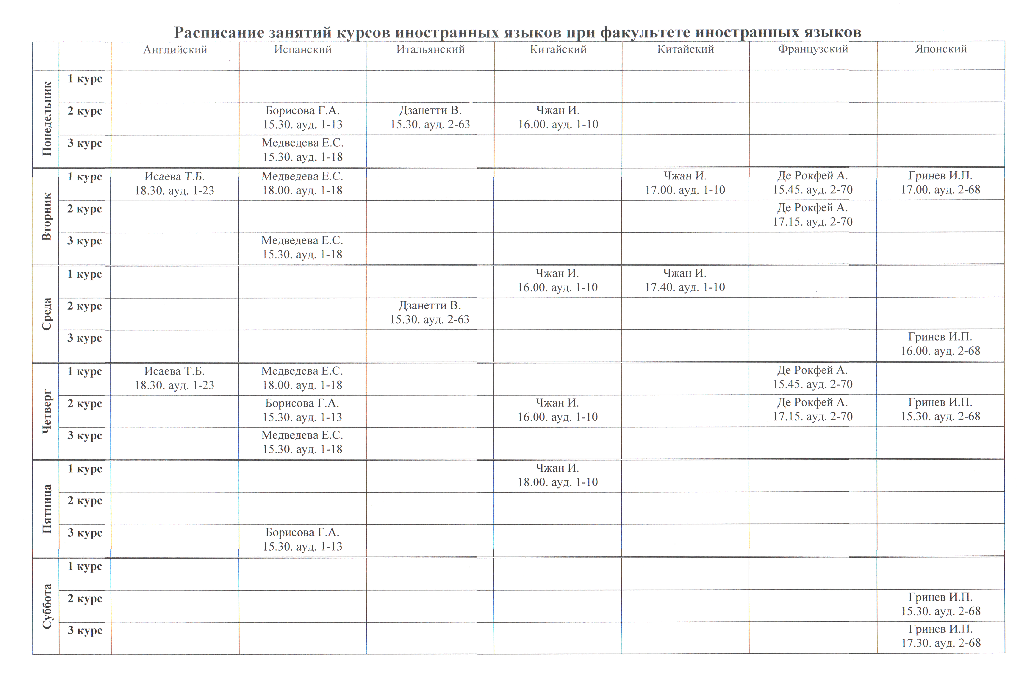 Русское расписание на английском языке